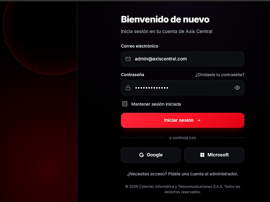 Pantalla de inicio de sesión de Axis Central, software desarrollado por Cybertec