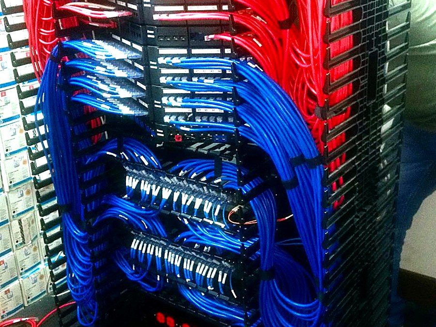 Cableado estructurado organizado en un rack, con patch cords rojos y azules
