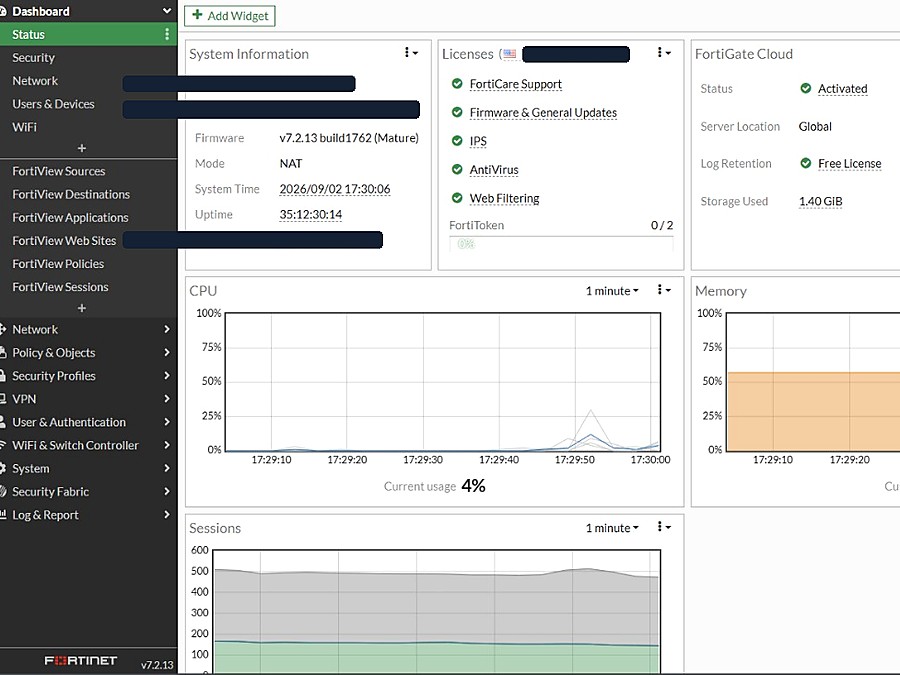 Panel de administración de un firewall FortiGate configurado por Cybertec (datos del cliente cubiertos)
