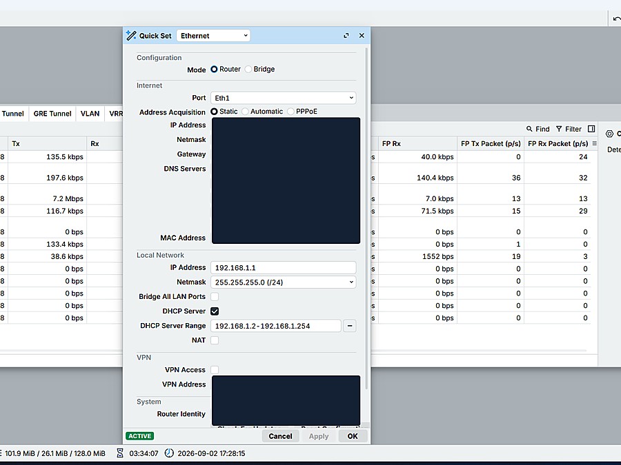 Configuración de un router MikroTik gestionado por Cybertec (datos del cliente cubiertos)